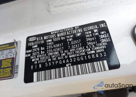 2016 Kia Sorento 2.4L Lx z USA, uszkodzony, nr VIN 5XYPG4A32GG168432